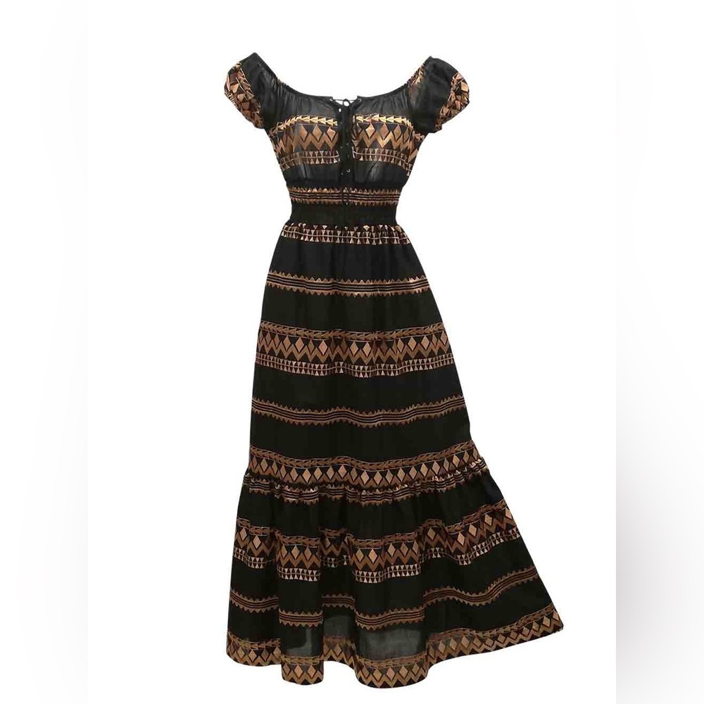 Coocu Resorts Greek Black Bronze Embroidered Corset Maxi Beach Dress EUC Size S - Picture 5 of 12